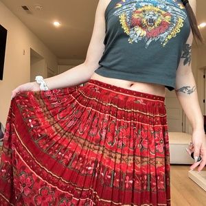VINTAGE Y2K 90s Red Boho Print Beaded Pull on Hippie Maxi Skirt